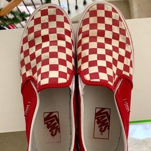 Red checkered Vans Slip-Ons